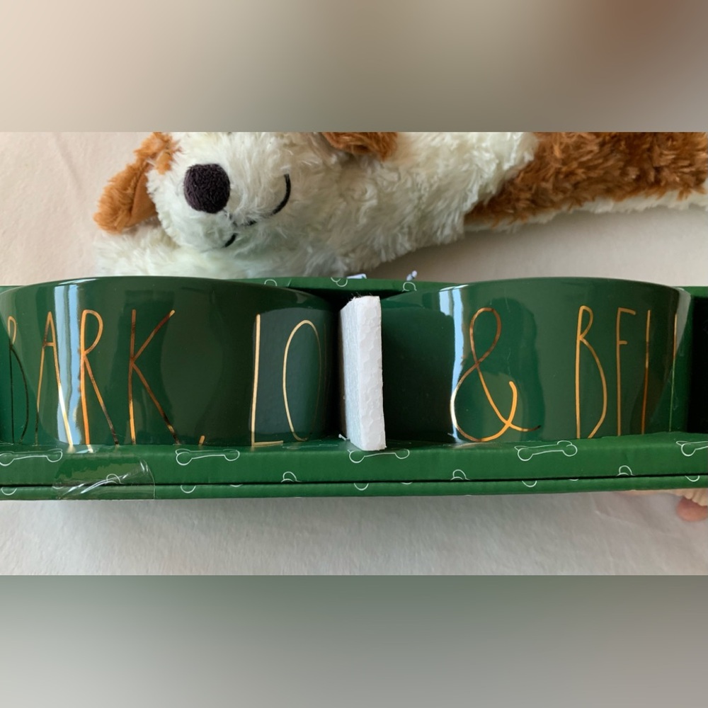 RAE DUNN deep green ceramic 6” pet bowls w/gold lettering NIB NWT